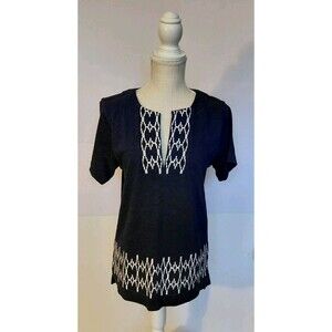 J. Crew Size XS Navy Blue Pullover Longline Tunic Top w/White Embroidery Details